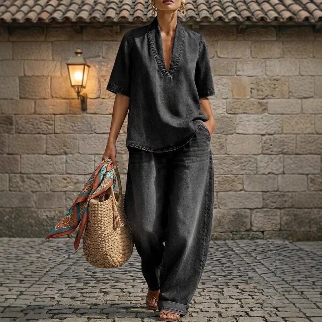 Retro V-neck Denim Set Womens Loose Half-sleeve Top And Wide-leg Pants Two-piece Set