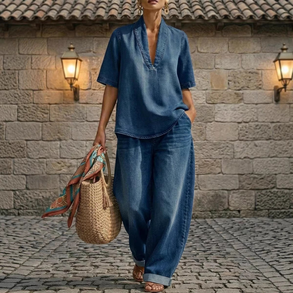 Retro V-neck Denim Set Womens Loose Half-sleeve Top And Wide-leg Pants Two-piece Set