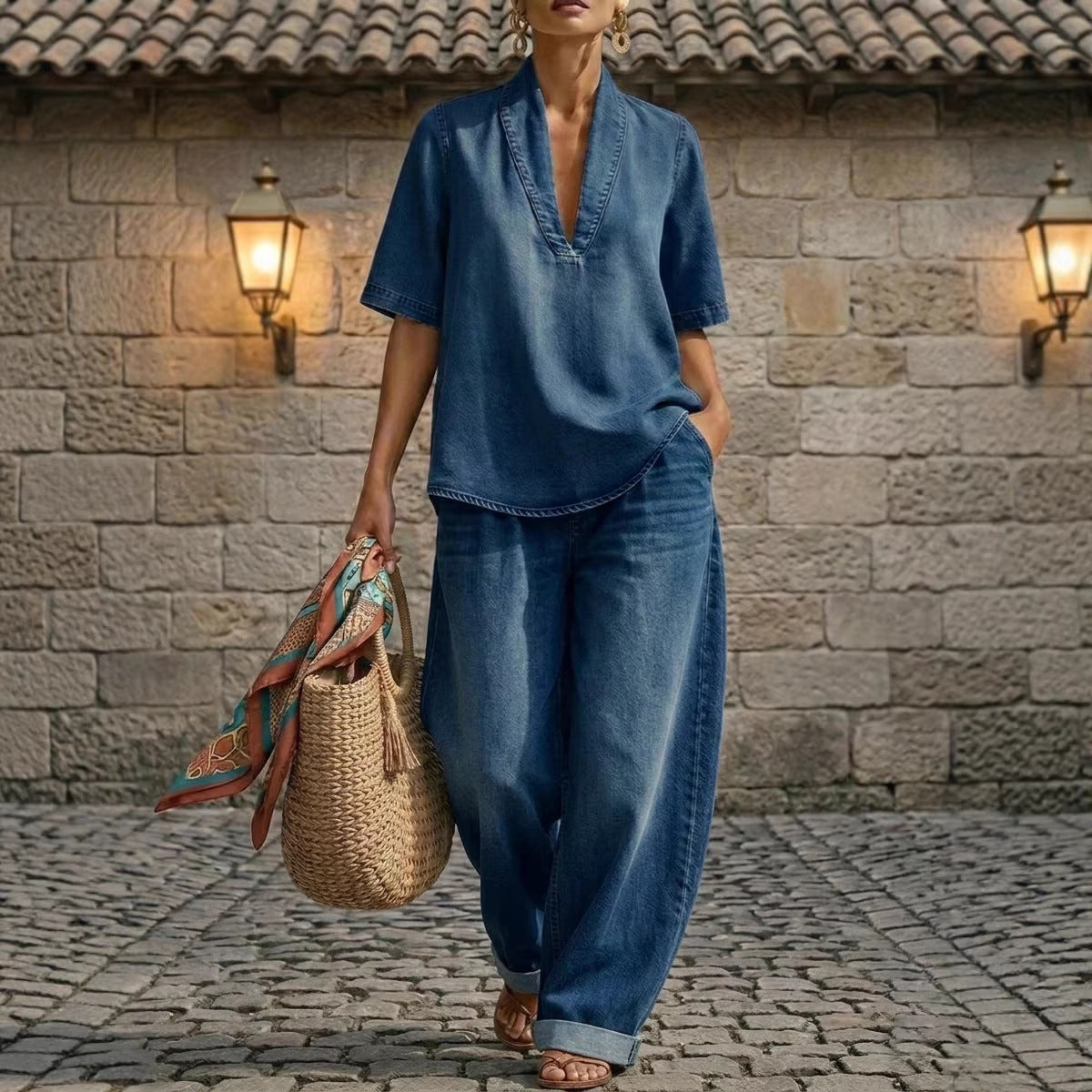 Retro V-neck Denim Set Womens Loose Half-sleeve Top And Wide-leg Pants Two-piece Set