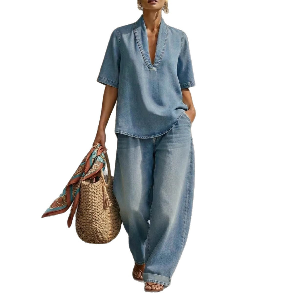 Retro V-neck Denim Set Womens Loose Half-sleeve Top And Wide-leg Pants Two-piece Set