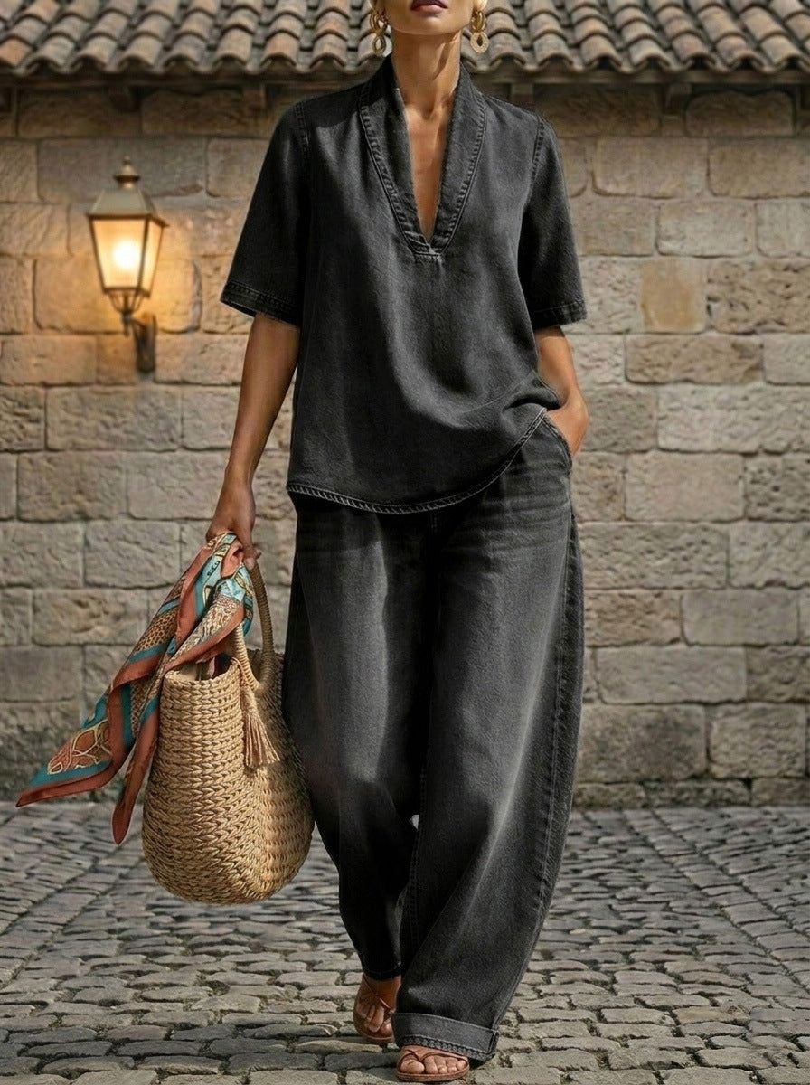 Retro V-neck Denim Set Womens Loose Half-sleeve Top And Wide-leg Pants Two-piece Set