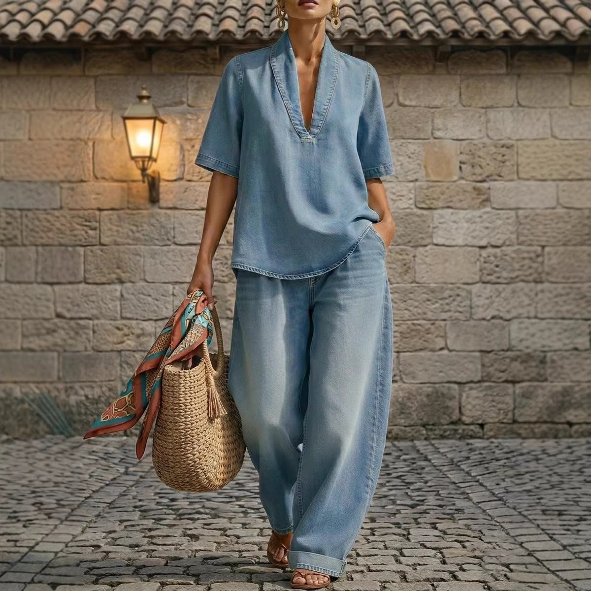 Retro V-neck Denim Set Womens Loose Half-sleeve Top And Wide-leg Pants Two-piece Set