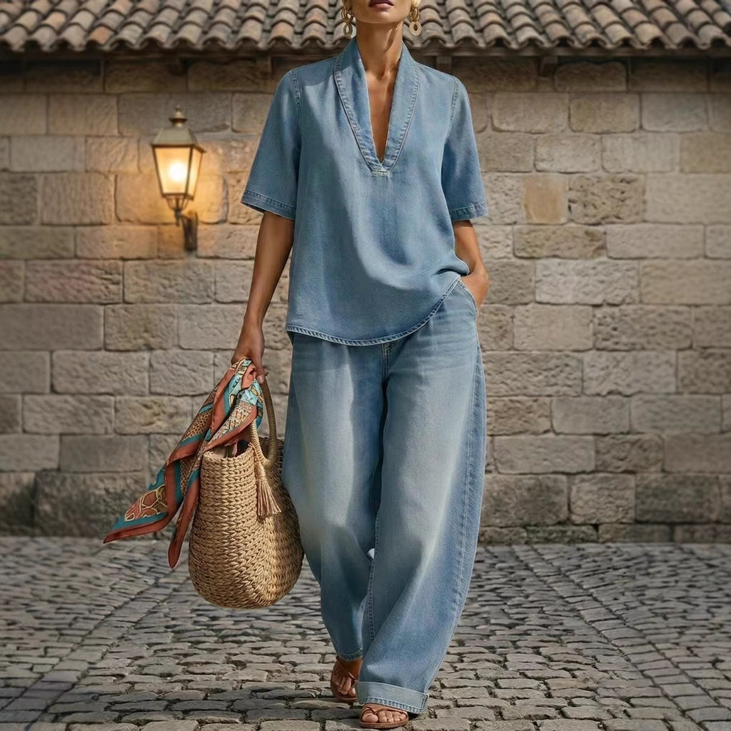 Retro V-neck Denim Set Womens Loose Half-sleeve Top And Wide-leg Pants Two-piece Set